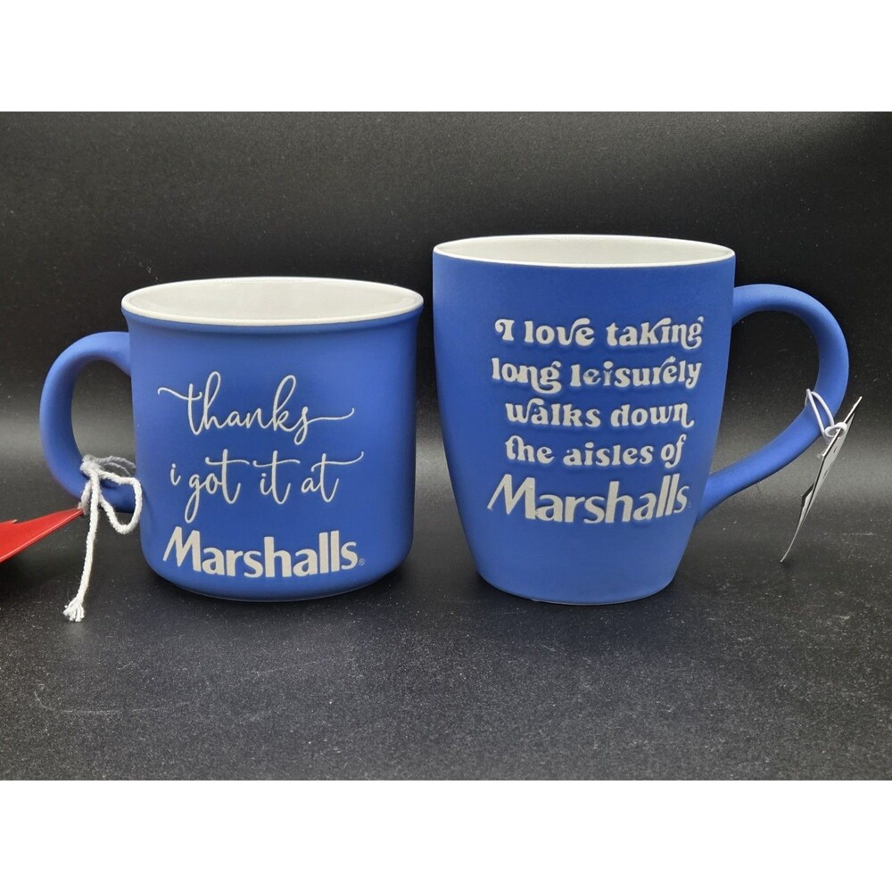 Lot of 2 Marshalls Blue Ceramic Coffee Mugs "Thanks I got it at Marshalls" - New